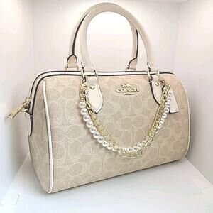 NWT Coach Medium Rowan Satchel Signature Canvas in Gold/Sand/Chalk With Chains